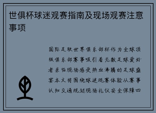 世俱杯球迷观赛指南及现场观赛注意事项