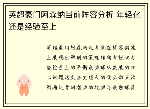 英超豪门阿森纳当前阵容分析 年轻化还是经验至上