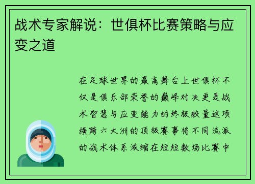 战术专家解说：世俱杯比赛策略与应变之道